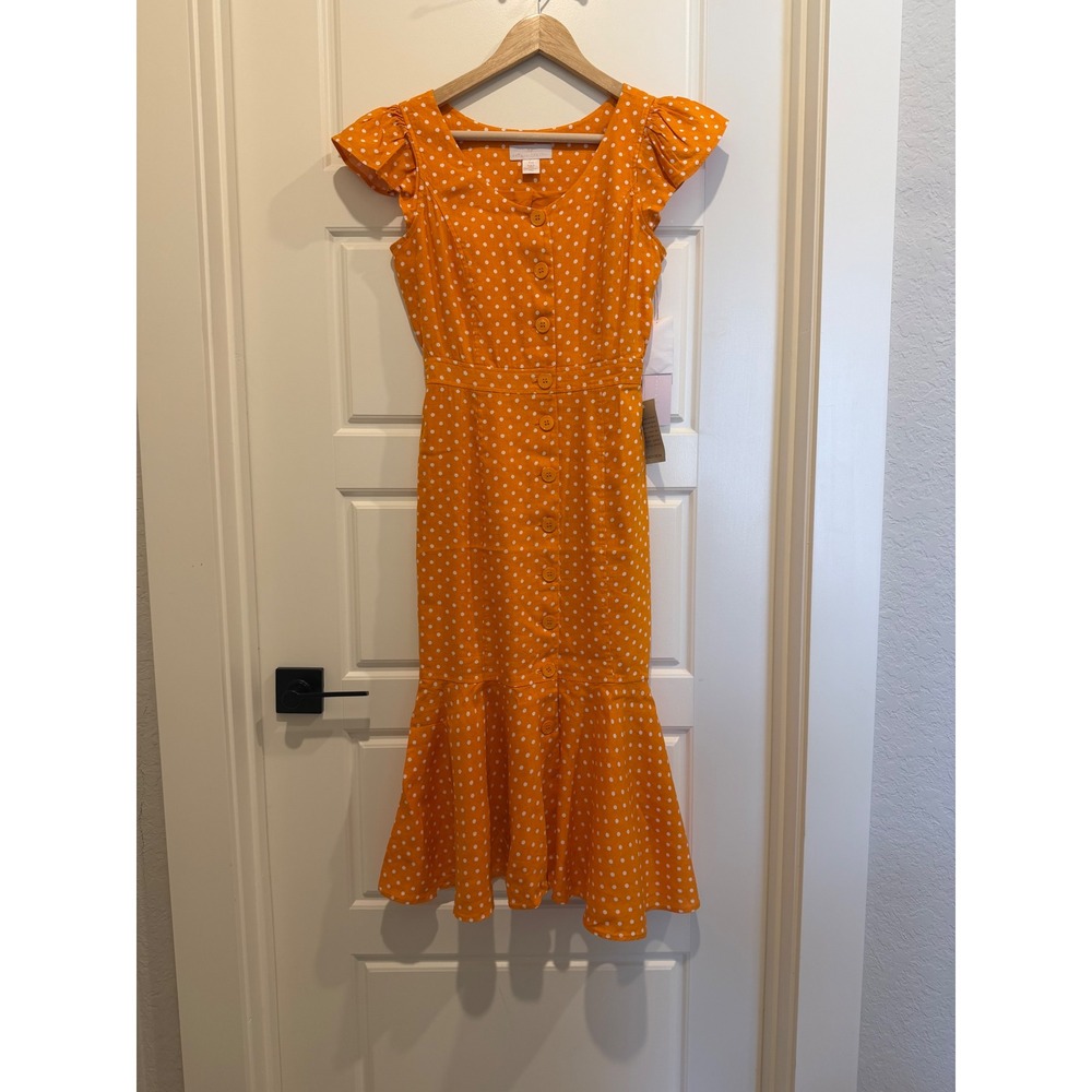 Rachel Parcell Cottagecore Tea Party Midi Dress XXS Orange Polka Dot Ruffle Hem